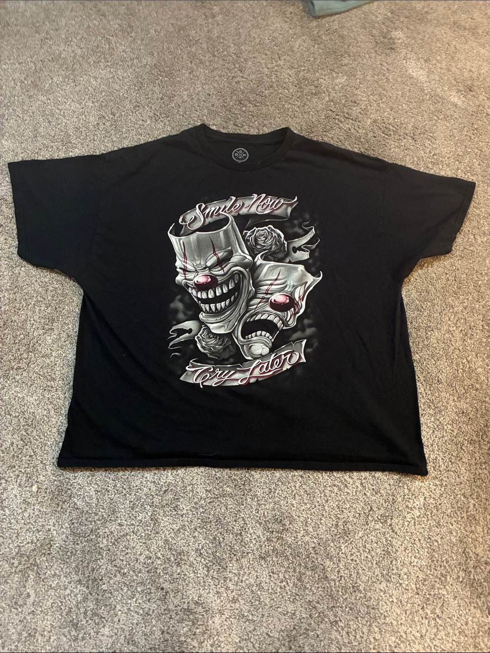 ODM Men's Size 3XL Black Short-Sleeve Graphic Tee with Dual Clown Mask Design